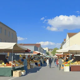 a city market and the blue sky with clouds in the distance, in the style of peter mohrbacher