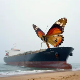 in _ the _ misty _ morning _ a _ giant _ butterfly _ perches _ on _ a _ huge _ freighter _ stranded _ on _ the _ sand _ by greg rutkowski