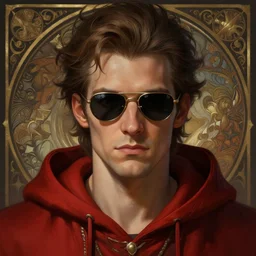 a mind - blowing portrait of a wizard wearing sunglasses, male, wearing a red hoodie, deep focus, d & d, fantasy, intricate, elegant, highly detailed, digital painting, artstation, concept art, matte, sharp, illustration, hearthstone, art by artgerm and greg rutkowski and alphonse mucha