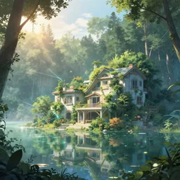 a beautiful photorealistic anime illustration of villa nature city urbex by liam wong, otherworldly lake forest laser morning sun, archdaily, wallpaper, highly detailed, trending on artstation.