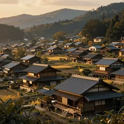 a rural village with japanese architecture houses, golden hour time, realistic digital art, low depth field, high - resolution, detailed