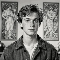 film still of youthful charlie day. he is dressed as a blacksmith. well composed, clean elegant painting, beautiful detailed face. comic book art by steve ditko and jack kirby and ( alphonse mucha ), black and white