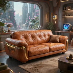 a futuristic cozy leather couch in a futuristic cozy bedroom from destiny 2 and oblivion movie, by wlop by jungyeonmin and james jean jhonseru jsezz artstation and greg rutkowski, with some wood and gold details, biomechanical, lens orbs, global illumination, with a window overlooking a cyberpunk metropolis, lounge, architectural, volumetric lighting, granular detail, japandi, hyperrealist, uninhabited, micro details, blender, vray