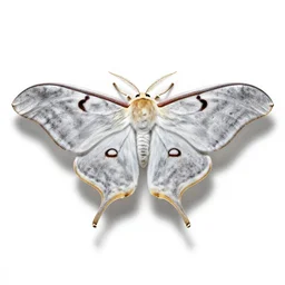 silver luna moth, high detail photograph, full body, isolated on a pure white background, centered, entire subject in frame, sharp focus, soft studio lighting