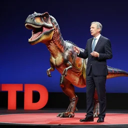 a photorealistic velociraptor wearing a business suit giving a lecture on the TED Talk stage