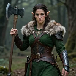 anya charlota as a medieval fantasy wood elf, dark brown hair tucked behind ears, wearing a green tunic with a fur lined collar and brown leather armor, stocky, muscular build, scar across nose, one black, scaled arm, wielding a battleaxe, cinematic, character art, digital art, forest background, realistic. 4 k
