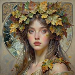 a beautiful girl in intricate detailed color oilpaint, 3 d render, hyper realistic detailed portrait, flocking color leaves, ornate leaves headpiece, broken mirror, fluid acrilic, thin fractal tendrils, ruan jia, wlop. scifi, fantasy, hyper detailed, octane render, concept art, by peter mohrbacher, by alphonse mucha, by wlop, by