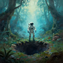 lost astronaut in moody frazetta jungle , cyan mist , big hole in the ground ,  extremely textured frazetta oil painting panorama dramatic sky hardlight backlight
