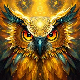 golden astral owl yvonne mcgillivray by mandy jurgens by michael divine, powerful eyes glowing highly detailed painting, spiritual abstract forms, symmetrical, trending on art station, abstract emotional, very beautiful, fantasy digital art, highly detailed patterned visionary art, magic symbols, by michael divine, cosmic nebula