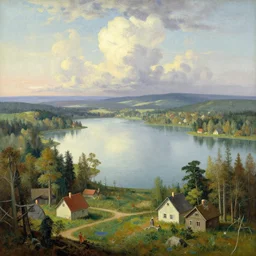 a fantasy landscape with houses around a big lake, lowbrow in the style of alexander jansson and martin johnson heade,