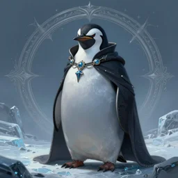 anthropomorphic evil penguin wearing dark clothes and cape, icy landscape, dnd, mystical, large portrait, character, fantasy, intricate, elegant, digital painting, artstation, concept art, smooth, 8 k frostbite 3 engine, ultra detailed, art by artgerm and greg rutkowski and magali villeneuve
