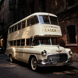 a widescreen photo of a old dubbledecker cadillac in a dark alley, low light, by steve mccurry