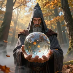 рhoto portrait of mighty wizard holding in hand huge clear glass fresnel ball in the sunshine autumn forest, falling autumn leaves are reflected in the ball, foggy bottom, god rays, ultrasharp, photo by john berkley, greg rutkowski, clyde caldwell, perfect anatomy, perfect face, octane render, artstation, epic composition, detailed, cinematiс, 4 k