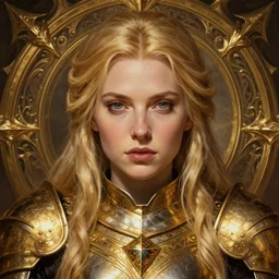 head-on centered symmetrical painted portrait, Elisha Cuthbert as a paladin, blonde hair, gold armour, dramatic lighting, intricate, fantasy, intricate, elegant, highly detailed, digital painting, smooth, sharp focus, illustration, dramatic lighting, artstation, in the style of Artgerm and Anna Podedworna