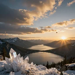 epic crystalline taiga with a lake, golden hour, distant mountains, atmospheric perspective, altostratus clouds, planets, cinematic, 3 5 mm lens, photographic, cinematography by roger deakins, in the style of ansel adams