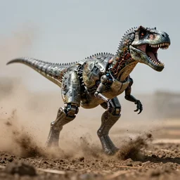 action photography, long shot, award winning macro photo of an ultra detailed intricate robotic dinosaur exploding from mud, dirt and dust, fast shutter speed, motion blur, tiny gaussian blur, highly detailed, highly intricate, depth of field, national geographic