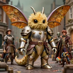 zoomed portrait of tin toy fuzzy kaiju moth dragons wearing armour in victorian london, nicoletta ceccoli, mark ryden, lostfish, hyung tae, frank frazetta, depth of field, detailed and intricate environment, 8 k resolution, hyperrealistic, octane render