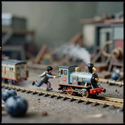 kodak portra 4 0 0, wetplate, muted colours, blueberry, action photography, 1 9 2 0 s, long shot, macro photo of a colourful tin toy robot running a steam engine on a steampunk junkyard, motion blur, tiny gaussian blur, depth of field