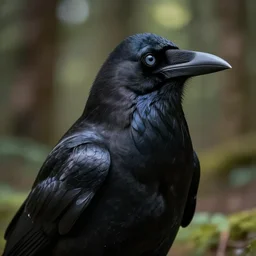 male human and crow hybrid, photograph captured in a forest