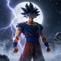 full shot of angry darkness goku super saiyan at moonlight, snowing, lightning bolt, eruption, detailed, unreal engine 4k volumetric light, fog,