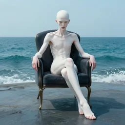 androgynous albino korean appearance, future style sitting in a chic chair in the middle of the sea, concept art, by tom bagshaw