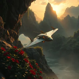 a photo of futuristic sci - fi aircraft hurtling through a prehistoric jungle cave, mountains, vines, water, red flowers, sunset, lush flora, beautiful digital artwork, volumetric lighting, haze, raytracing, 8 k