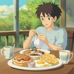 hearty breakfast, no people, photo, digital art, illustrations, by makoto shinkai and studio ghibli