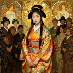 young japanese geisha in brightly colored kimono, long dark hair, 1 9 2 0 s fashion, fantasy, art by joseph leyendecker, peter mohrbacher, ruan jia, finnian macmanus, marc simonetti, dean cornwell, ayami kojima, vasnetsov, cedric peyravernay, alphonse mucha