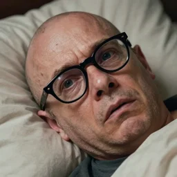 a closeup of a a terrified balding man laying in bed with thick glasses with on dark lens by thomas kincade realistic, high details