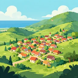 illustration of an happy village in a beautiful landscape of Ocean and Lush by Philip sue trendy on artstation