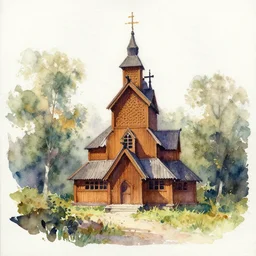 small centered on watercolor paper, paint brush strokes, abstract watercolor painting of traditional scandinavian wooden church, viking house, translucent leaves, cinematic light, national romanticism by hans dahl, by jesper ejsing, by anders zorn, by greg rutkowski, by greg manchess, by tyler edlin