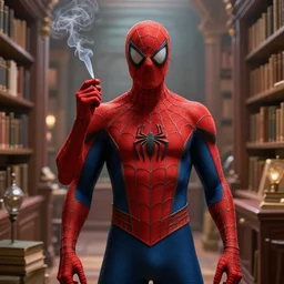 highly realistic spiderman, standing in a library, smoking marijuana stephen bliss, unreal engine, fantasy art by greg rutkowski, loish, rhads, ferdinand knab, ilya kuvshinov, rossdraws, tom bagshaw, global illumination, radiant soft light, detailed and intricate environment