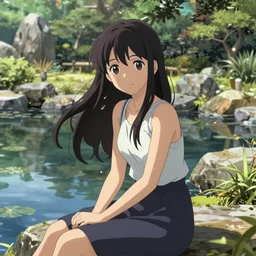 a beautiful girl with long dark hair, sitting by a pond, japanese garden, daytime, sharp focus, intricate, digital painting, artstation, official media, anime key visual, highly detailed, rich vivid colors, ambient lighting, dynamic lighting, art by Artgerm, Makoto Shinkai, Ilya Kuvshinov, Lois Van Baarle, and Rossdraws
