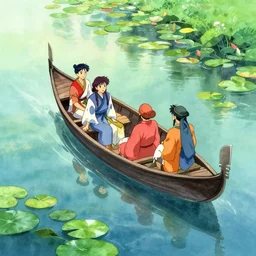anime movie scene, characters, waterway, fantasy. gondola boat, amazing composition, colorful watercolor, lily pads, reflections, by ruan jia, by maxfield parrish, by koji morimoto, by hikari shimoda, by sparth, by zhang kechun, illustration, gloomy, colossal ant statues!!!!, winter