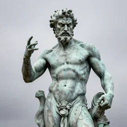 statue of frustrated Poseidon very annoyed and complaining with wild gestures to the camera, Sigma 85mm f/1.4