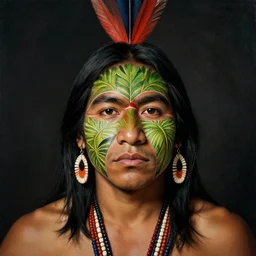 a male tupi guarani warrior portrait, by marco mazzoni, tropical plants in his face dark background