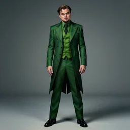 dslr photography of leonardo dicaprio playing the riddler from warner brother's new grimdark r - rated batman movie, green villain suit, full body photography, cinematic, studio portrait