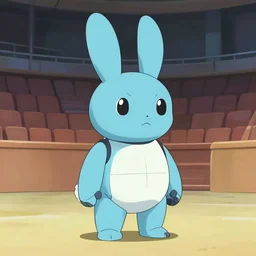 anthropomorphic rabbit robot with human characteristics in an arena, artstation, by hayao myazaki, concept art, digital art, light blue, 2 - dimensional, 2 d