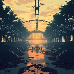 a stylized 2 d cinematic keyframe of a post - apocalyptic airport interior at dawn covered by nature, destroyed plane, debris, abandoned, joy gaze, cel - shaded, classical animation, edge - to - edge print, rendered by studio ghibli, artgerm, alyssa monks, andreas rocha, david kassan, neil blevins, rule of thirds, golden ratio, ambient lighting,
