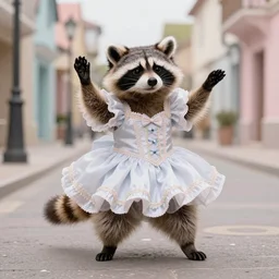 an anthropomorphic racoon in a fancy dress dancing on the street, pastels