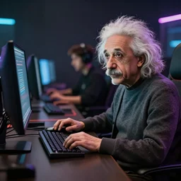 Albert Einstein gaming on a computer, professional photography, futuristic, colorized