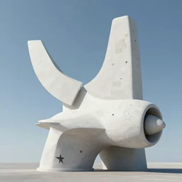 photo of minimalist abstract cubist sculpture of curvy spaceship with random small star wars mayan decorations, covered with few large white airplane parts, gigantic size