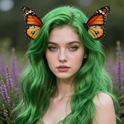 A professionaly painted portrait of an archfey with a monarch butterfly theme, green hair that looks like heather, 4k, trending on pivix, tasteful, bokeh, hyperrealistic, highly detailed, good proportions