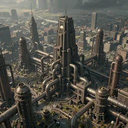 an elaborate penned illustration of a apocalyptic intricate connected city of tubes and pipes, by jan van haasteren and jheronimus bosch, unreal engine, physically based rendering, ariel view, tilt - shift, grim, moody, cinematic