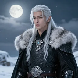 portrait, beautiful male elf, long wavy white hair, super detailed, light black armor with silver accenting, silver jewelry, fur lined cape, 8 k, filmic, natural, octane render, moonlight, snow, clouds, artstation, greg rutkowski, rossdraws, william bouguereau, sharp focus