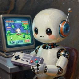 an elaborate cute robot holding a retro game controller in its hand, screen in background shows video game, intricate details, hyperrealistic oil painting on canvas, deep depth field, hd, hdr, 4 k, 8 k, by gerardo dottori, oil on canvas