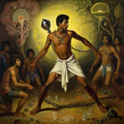 sri lankan 8 0's brown man trying to escape the chains,, painting by james jean, craig mullins, j. c. leyendecker, lights, art by ernst haeckel, john william godward, hammershøi