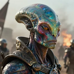 VFX movie of a futuristic alien warrior closeup portrait in war zone, beautiful colorful skin and gills natural lighting by Emmanuel Lubezki