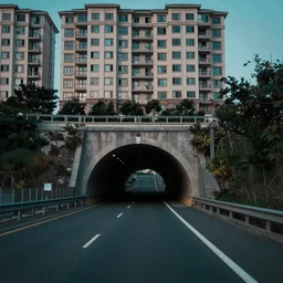 establishing shot of a large highway, an apartment building directly above the large highway, highway entering a large tunnel, aparment building directly above the tunnel, wide establishing shot, dark teal lighting, soft dramatic lighting, sharp focus, 4 k digital camera