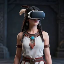 vertical waist up portrait of ancient iroquois female with vr glasses and cyberpunk style, standing in the dark room, under neon, extremely fine detail background, highly detailed, detailed eyes, high quality, fashion editorial photography, hyperrealistic, from vogue magazine
